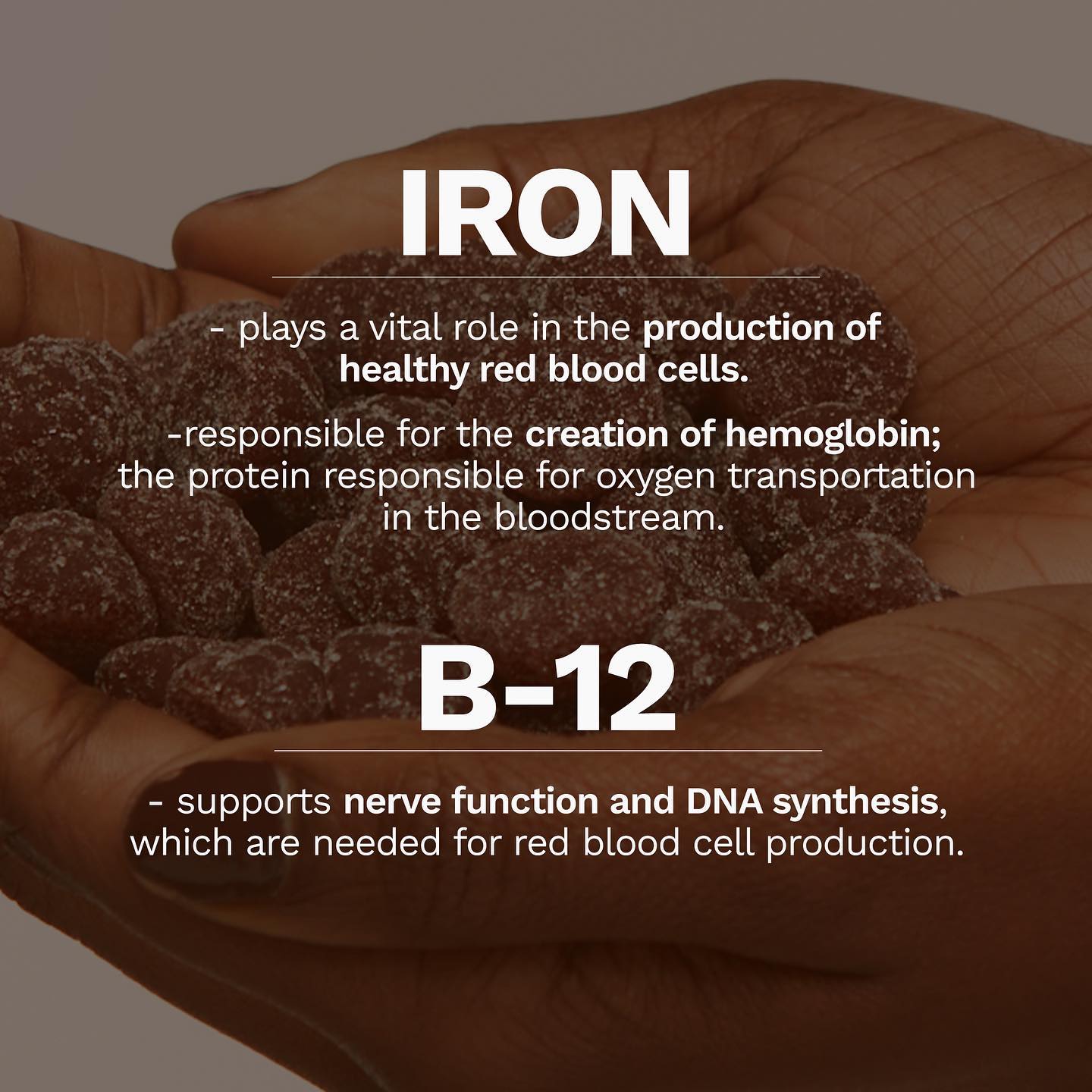 Hands holding red gummy vitamins with text about Iron's role in red blood cells and B-12's support for nerve function and DNA synthesis.