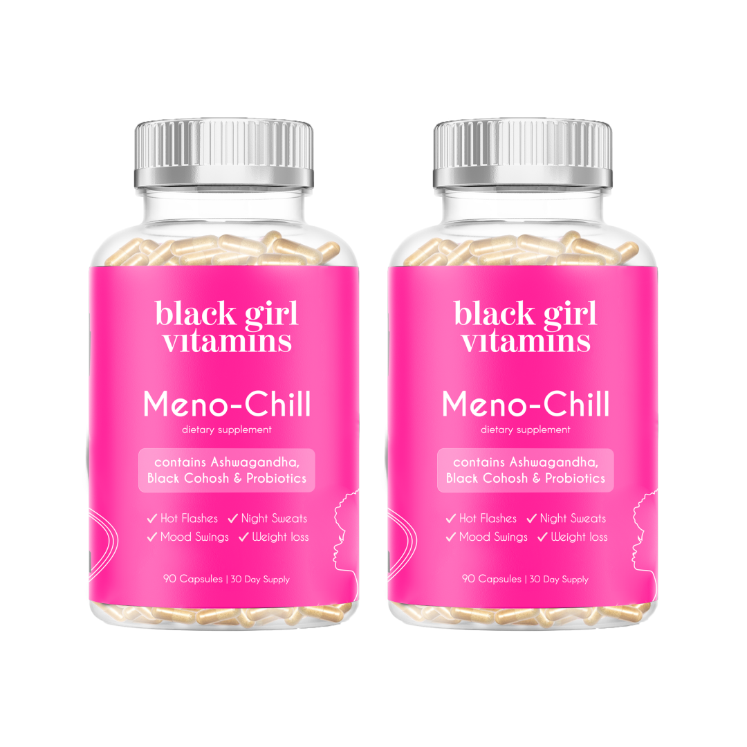 Two bottles of Black Girl Vitamins Meno-Chill dietary supplement with Ashwagandha, Black Cohosh, Probiotics, for hot flashes, night sweats, mood swings, weight loss.