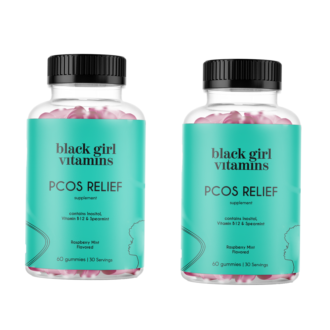 Six bottles of PCOS Relief supplements from Black Girl Vitamins in teal packaging.