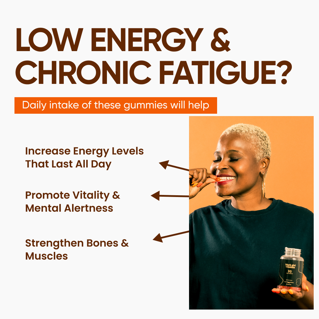 Woman holding a bottle of Black Girl Vitamins D3 gummies pointing to benefits: Increase Energy Levels That Last All Day, Promote Vitality & Mental Alertness, Strengthen Bones & Muscles