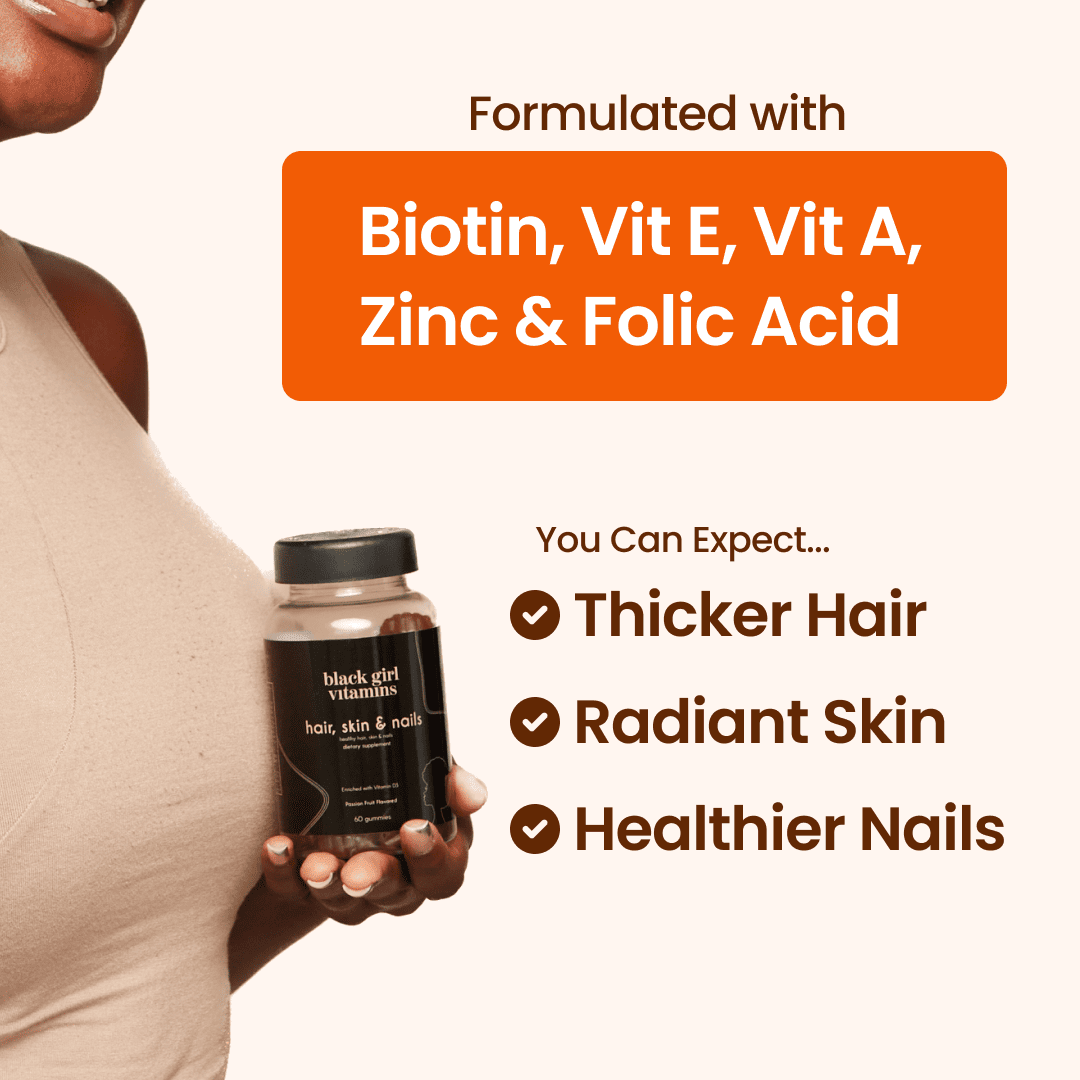 Woman holding Black Girl Vitamins bottle labeled 'hair, skin & nails' with text: Biotin, Vit E, Vit A, Zinc & Folic Acid; benefits: Thicker Hair, Radiant Skin, Healthier Nails