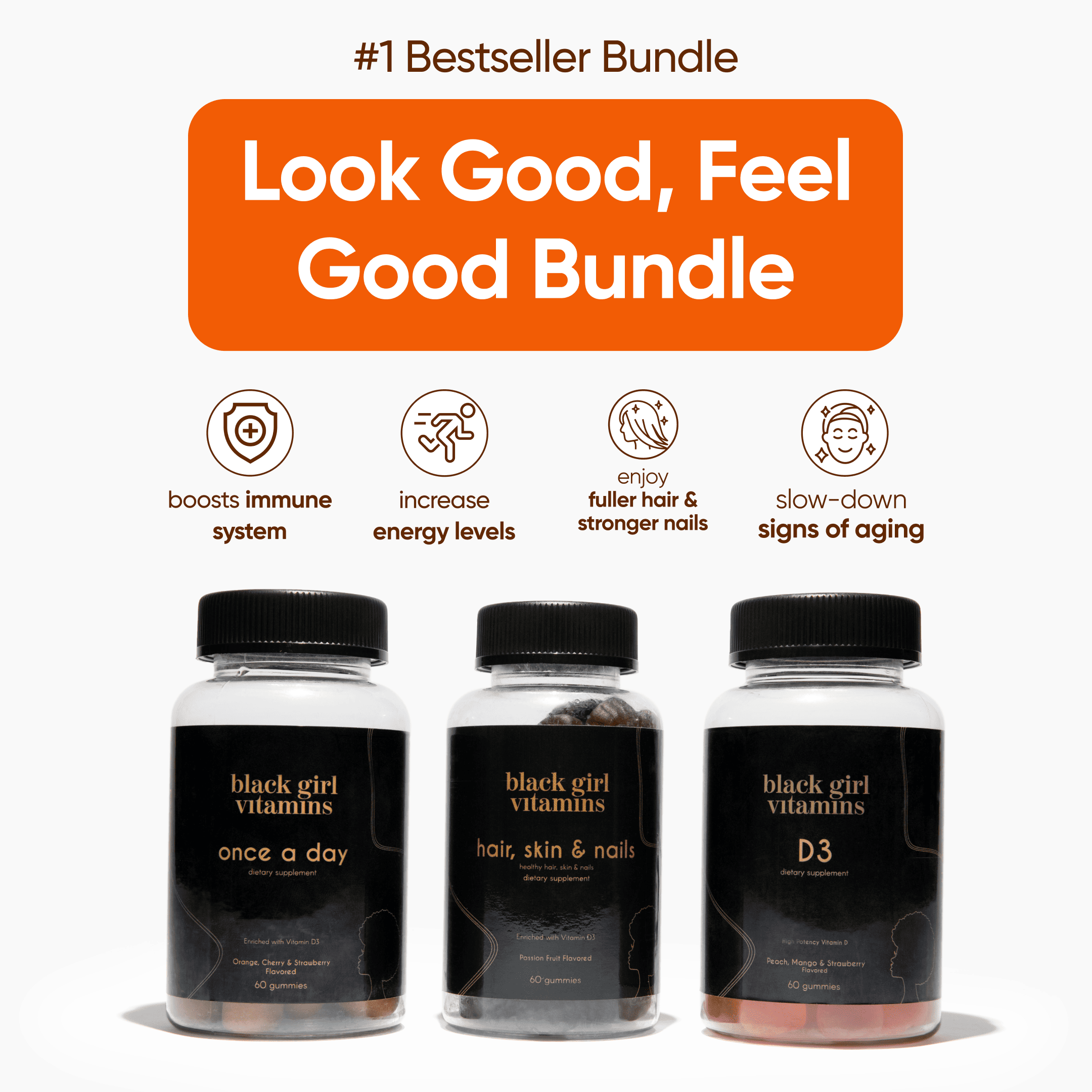 Three Black Girl Vitamins bottles labeled once a day, hair skin & nails, and D3, with benefits like immune boost and energy increase.