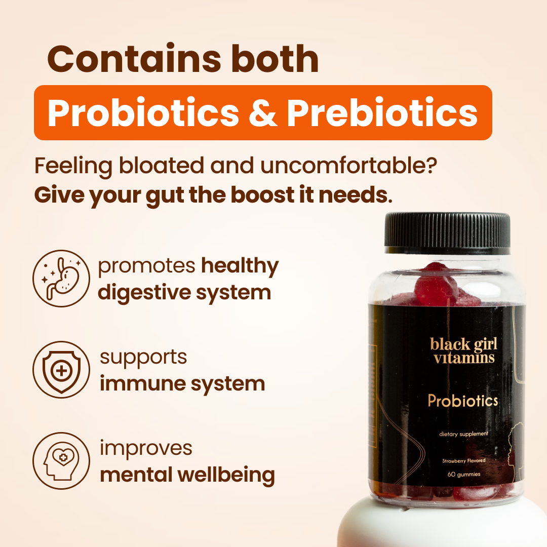 Bottle of black girl vitamins Probiotics dietary supplement with text about probiotics and prebiotics benefits