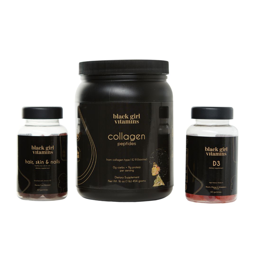 Three Black Girl Vitamins products: Hair, Skin & Nails gummies, Collagen Peptides container, and D3 gummies.