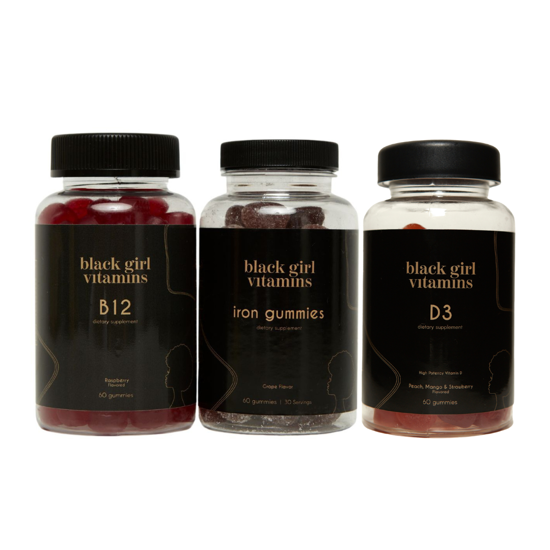Three Black Girl Vitamins bottles: B12 Raspberry flavored 60 gummies, Iron Gummies Grape flavor 60 gummies 30 servings, D3 Peach Mango & Strawberry flavored 60 gummies
