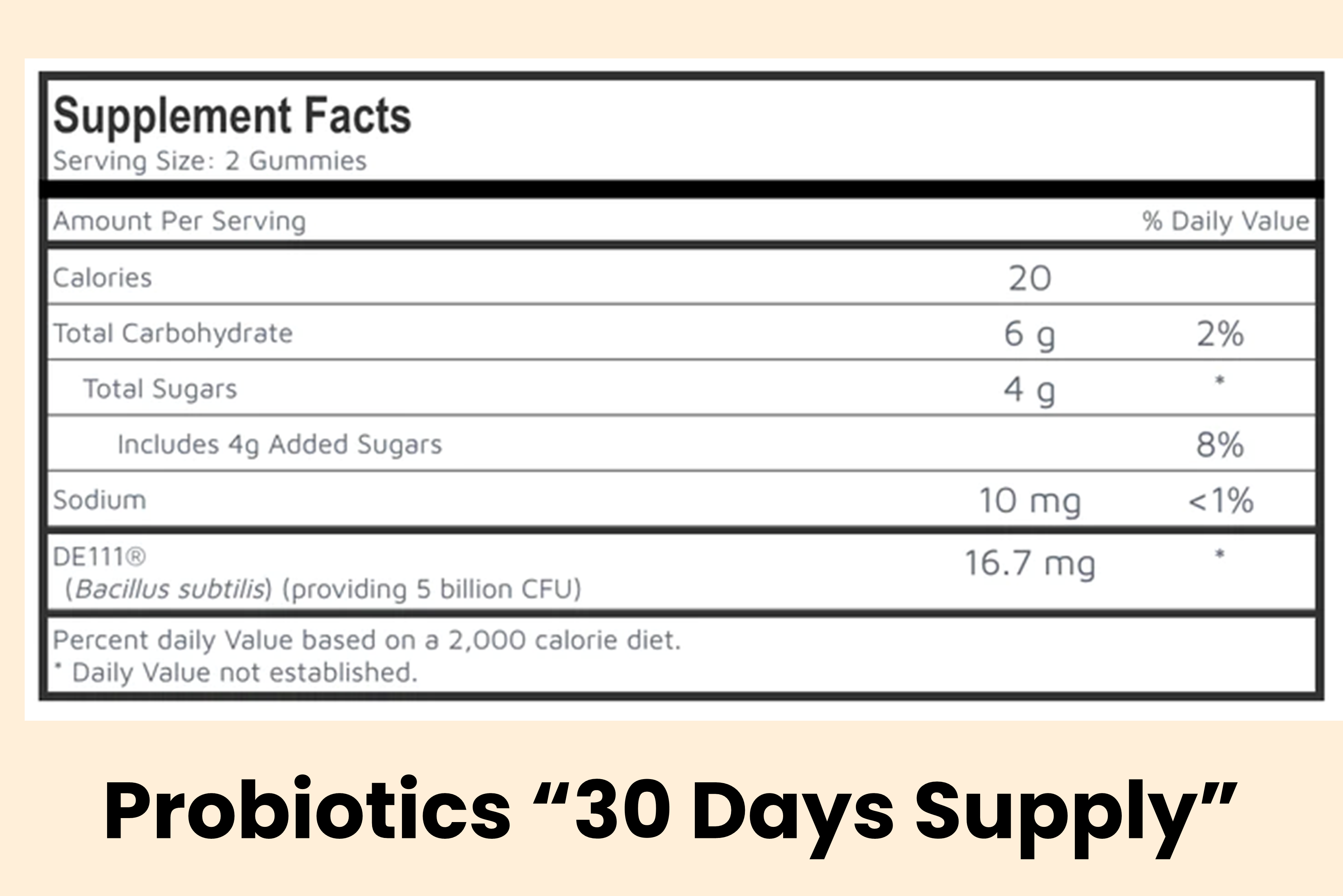 Supplement Facts label showing serving size 2 gummies, calories 20, total carbohydrate 6g (2%), total sugars 4g, added sugars 4g (8%), sodium 10mg (<1%), DE111 probiotic 16.7mg