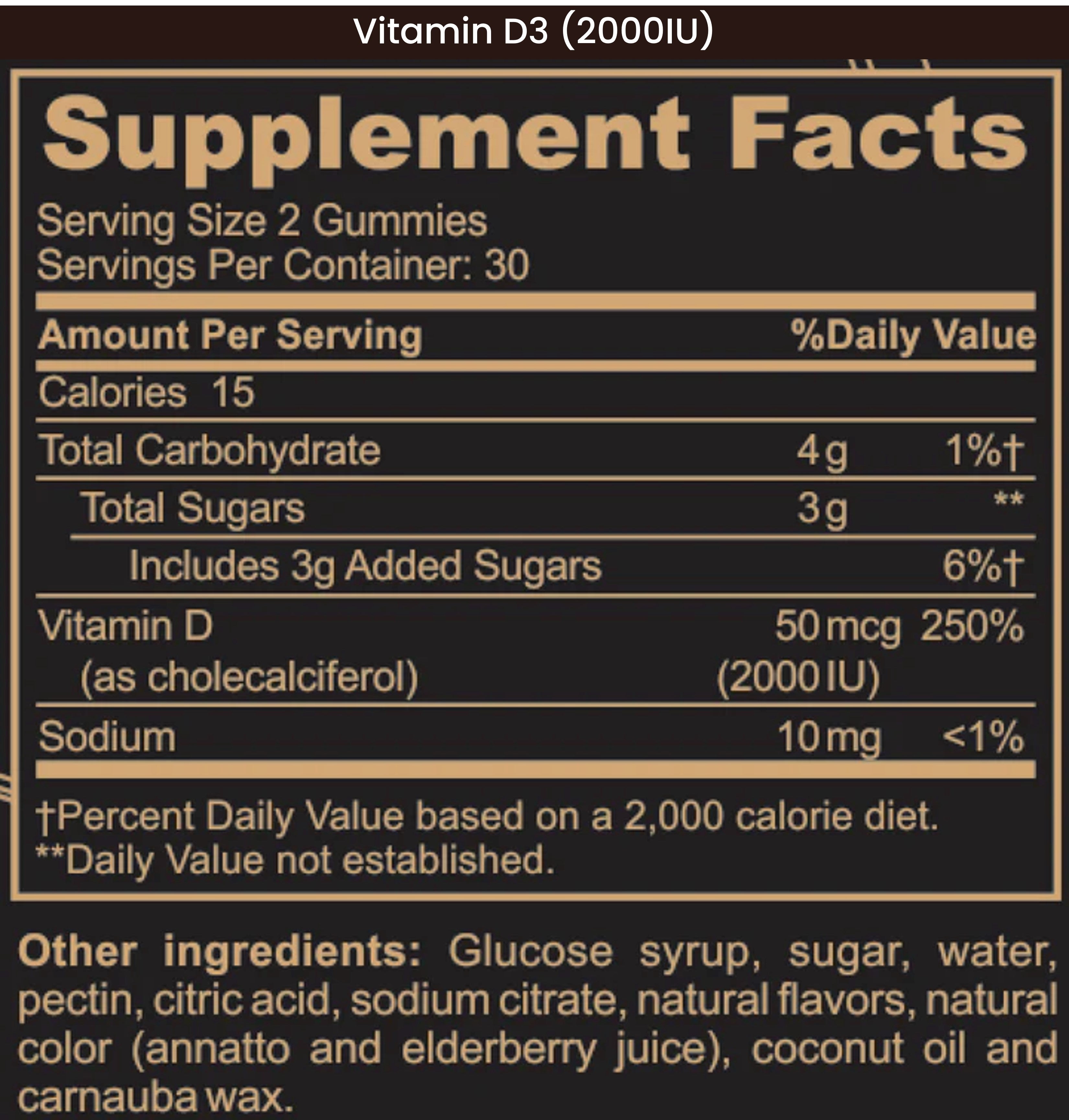 Supplement Facts label for Vitamin D3 gummies showing serving size, calories, carbohydrates, sugars, vitamin D, sodium, and other ingredients.