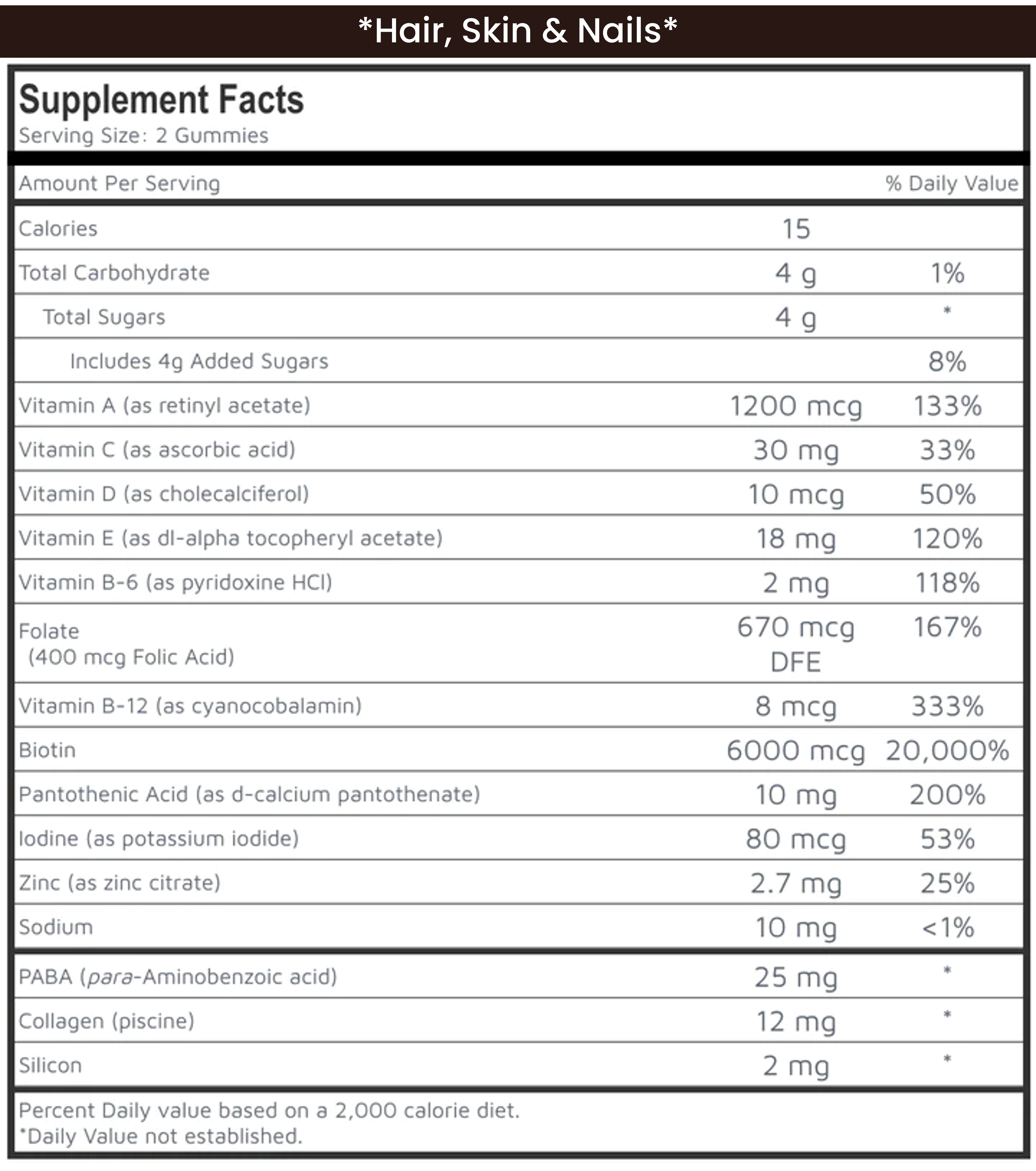 Supplement Facts table for Hair, Skin & Nails gummies showing vitamins, minerals, and daily values
