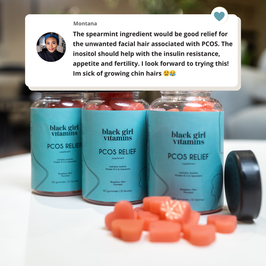 Bottles of PCOS relief vitamins with a user review about the benefits of spearmint and inositol supplements.